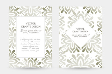 Silver floral elegant motif. Stylish vertical posters with ornamental frames on the white background. Vector design with decoration elements and copy space for wedding invitation, anniversary cards 