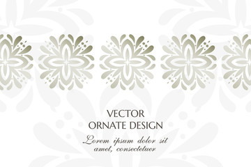 Silver floral elegant motif. Graceful horizontal banner with ornamental border on the white background. Vector design with decorative elements and copy space for wedding invitation, anniversary card