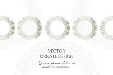Silver beautiful ring. Graceful horizontal banner with ornamental border on the white background. Vector design with decorative elements and copy space for wedding invitation, anniversary card