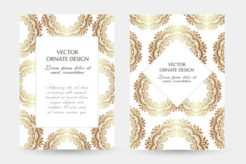 Bronze circle decor. Stylish vertical posters with ornamental frames on the white background. Vector design with decoration elements and copy space for wedding invitation, anniversary cards and other.
