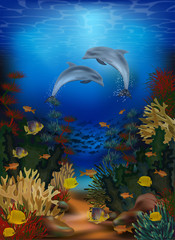 Fototapeta na wymiar Underwater wallpaper with dolphins, vector illustration