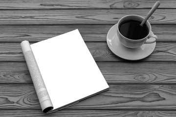 A Cup of coffee, a paper magazine with a white sheet, a turn on the background of a wooden table. reading, coffee break.