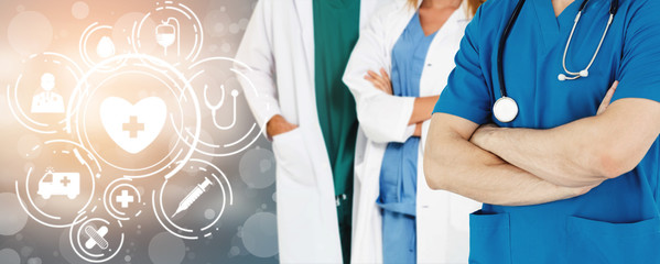 Medical Healthcare Concept - Doctor in hospital with digital medical icons graphic banner showing...
