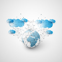 Cloud Computing and Global Networking Design Concept with Earth Globe and Geometric Mesh - Digital Network Connections, Technology Background 