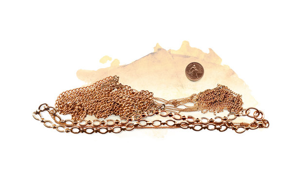 Golden Mountains. Mountains of gold chains and the sun coin of gold-gold chervonets Russia