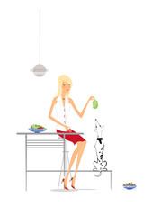SH Mama_084-087Vegetarianism. Slim blonde in the kitchen playing with a dog._PAPA.indd