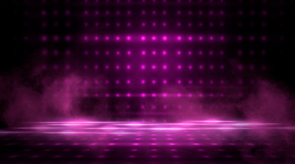 Empty scene of a show with lanterns and concrete floor. Аbstract pink and purple background...