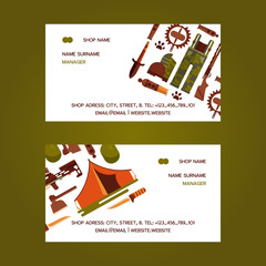 Hunting equipment set of business cards vector illustration. Hunter accessories such as camping tent or rifle gun and carbine with arbalest crossbow, compass and trap for wild animals, knife, axe.