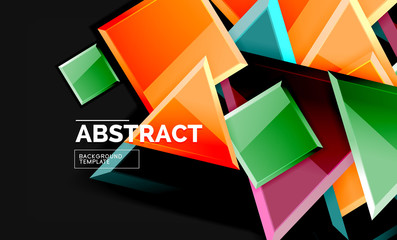 Glossy mosaic style geometric shapes - squares and triangles on black