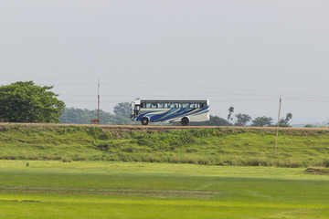 India, Assam state, Haflong city,  07.07.2018,editorial use only. tourist bus rides in hot weather...