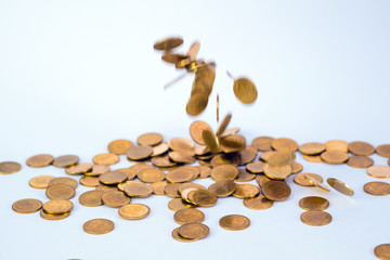 Movement of falling gold coin, flying coin, rain money with soft shadow on white background, business and financial wealth and take profit concept.