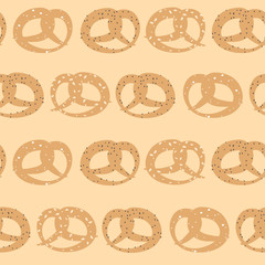 Vector seamless pattern of pretzels with sesame, salt and poppy seeds on pastel yellow background