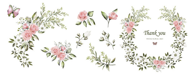 Watercolor drawing. Botanical set for weddings or greeting cards. Flower illustration. Composition of pink roses, white flowers,  wild herbs. A set of bouquets, twigs, flower elements and garden herbs - 261238527