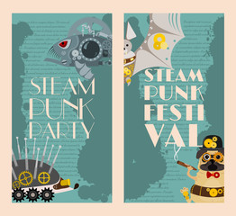 Steampunk animal set of banners vector illustrations for party or festival. Fantastic metal fish and hedgehog in style of engraving with decorative frame of gears and pistols.