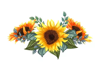 Fotobehang Zonnebloemen Mooie bloemencollectie met zonnebloemen, bladeren, takken, varenbladeren