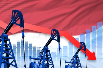 lowering, falling graph on Indonesia flag background - industrial illustration of Indonesia oil industry or market concept. 3D Illustration