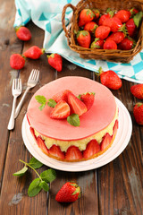 strawberry shortcake, delicious strawberry cake on wood background