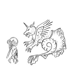 Medieval knight with sword and shield fights scary dragon