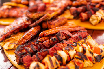 close up of mix grill served on a plate, selective focus