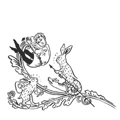 Obraz premium Medieval art rabbits riding snails with weapon attack man