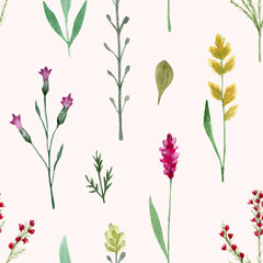 Fototapeta na wymiar Seamless pattern watercolor wildflowers isolated on white background. Hand drawn painted flowers illustration. Summer disign