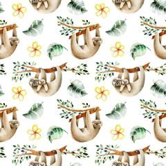Watercolor cute sloths hanging on the trees and floral elements seamless pattern, hand drawn on a white background © nastyasklyarova