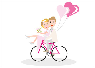 happy young couple just married sitting on a bicycle
