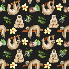 Watercolor sloths, coconuts and floral exotic elements seamless pattern, hand drawn on a dark background © nastyasklyarova