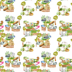 Watercolor bears, pandas and rabbits at the zoo seamless pattern, hand drawn on a white background