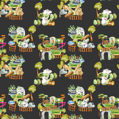 Watercolor bears, pandas and rabbits at the zoo seamless pattern, hand drawn on a dark background