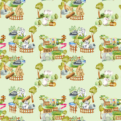 Watercolor bears, pandas and rabbits at the zoo seamless pattern, hand drawn on a green background
