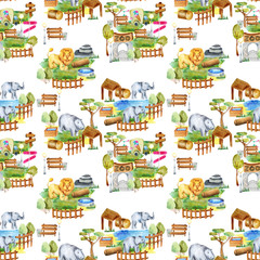 Watercolor lions, elephants and hippopotamus at the zoo seamless pattern, hand drawn on a white background