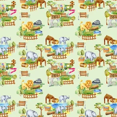 Store enrouleur tamisant Éléphant Lions, éléphants et hippopotames d& 39 aquarelle au modèle sans couture de zoo, dessinés à la main sur un fond vert