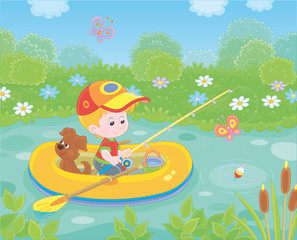 Little boy fisherman with a fishing-rod and a small pup in his inflatable boat catching fish in a pond on a sunny summer day, vector illustration in a cartoon style