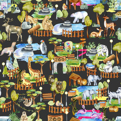 Watercolor animals at the zoo seamless pattern, hand drawn on a dark background