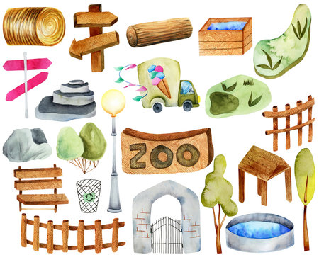 Collection of watercolor elements and attributes of the zoo, hand painted on a white background