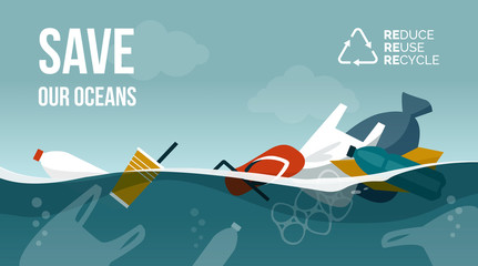 Polluted ocean and plastic waste floating on the surface © elenabsl
