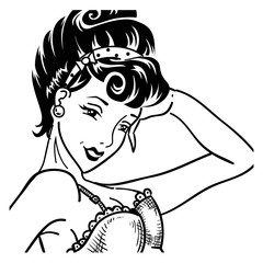 Vintage listening pin up woman portrait in corset