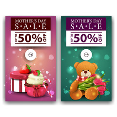 Two discount modern vertical banners for mother's day with buttons, gift, strawberry, cupcake and Teddy bear with a bouquet of tulips