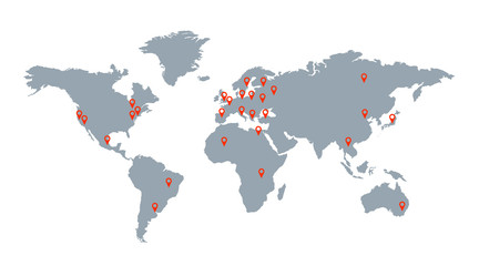 World map with geolocation markers. Global communication. Delivery and logistics. Isolated image
