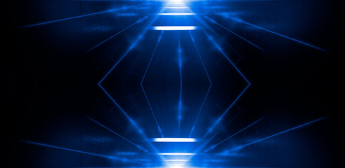 Dark blue tunnel, a ray of light. Abstract blue background.