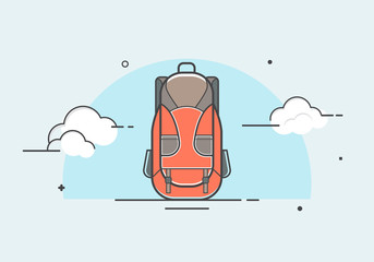Vector image of orange backpack. Tourist backpack standing on the background of the cloudy sky.