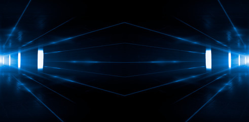 Dark blue tunnel, a ray of light. Abstract blue background.