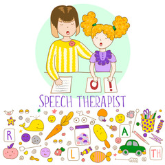 Cute childrens drawings icons in kavai style on the topic of speech therapy. Speech Therapy Concept. Friendly speech and articulation classes