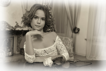 sepia portrait of a beautiful 10 year old girl