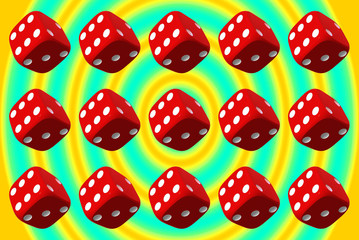 Close up of many playing dice, rotating on variously colored background.