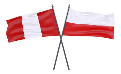 Peru and Poland, two crossed flags isolated on white background. 3d image