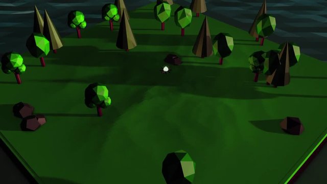Abstraction of isometric animation island with trees, stones and campfire surrounded by water. Computer game.