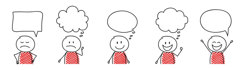 Set of cartoon stickmen with empty speech bubbles. Vector