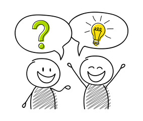 Business cartoon people with speech bubbles and icons. Vector